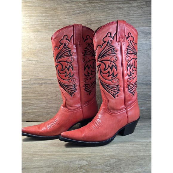 Lane Cowboy Boots - Red Embroidered 7.5 EECowgirl Western Beautiful Ranch